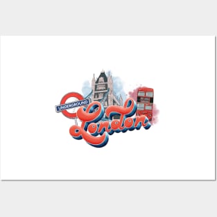 London Design with Landmarks | Artist Designed Illustration Featuring London Landmarks | Retro London Design with Tower Bridge, London Bus and Underground Sign Posters and Art